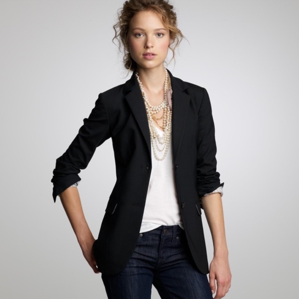 J Crew Long Wool Boyfriend Blazer Jacket Black Size 2 Minimalist Longline 19197